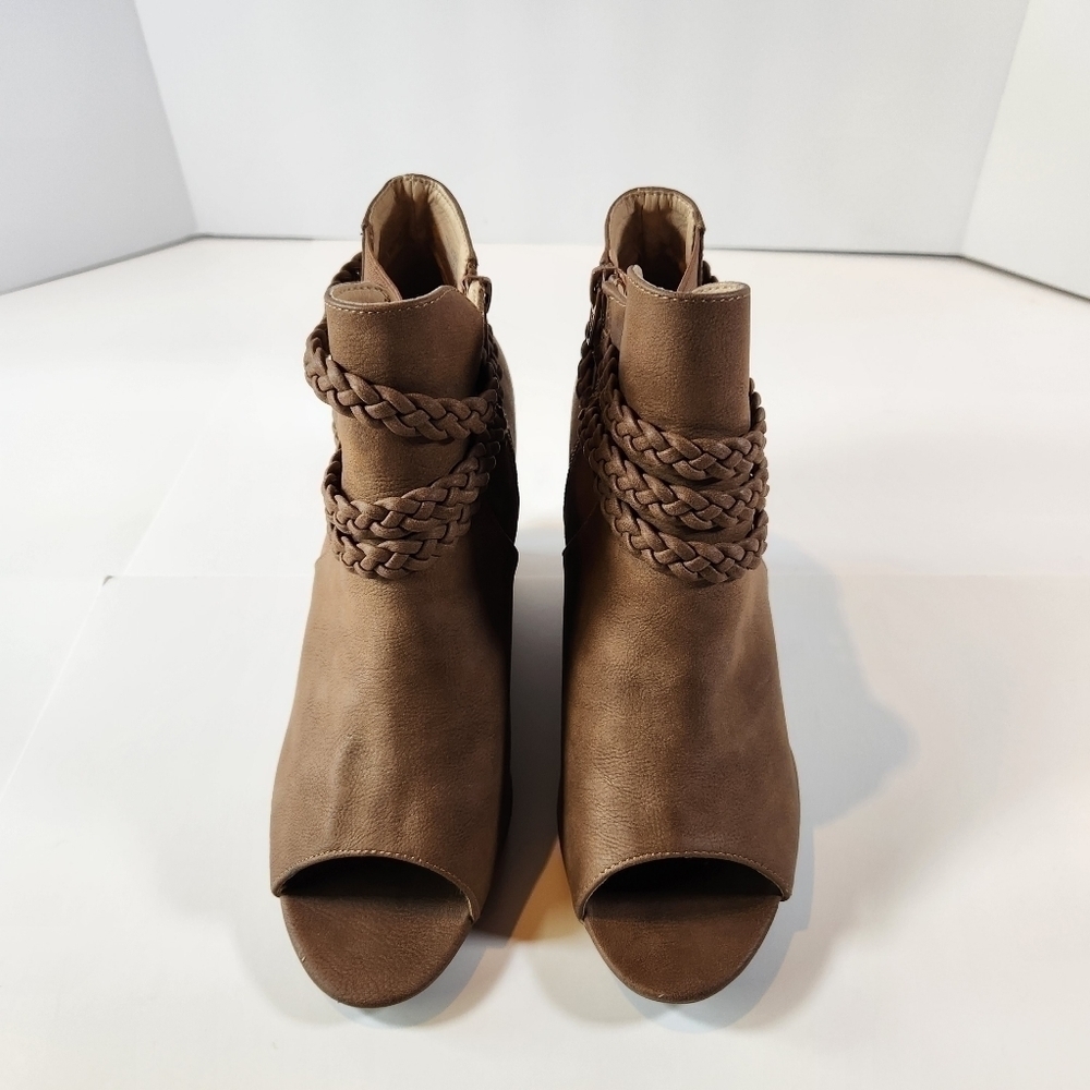 CATO Women's 11W Brown Peep Toe Side Zip Wedge Ankle Booties Brown - Picture 4 of 12